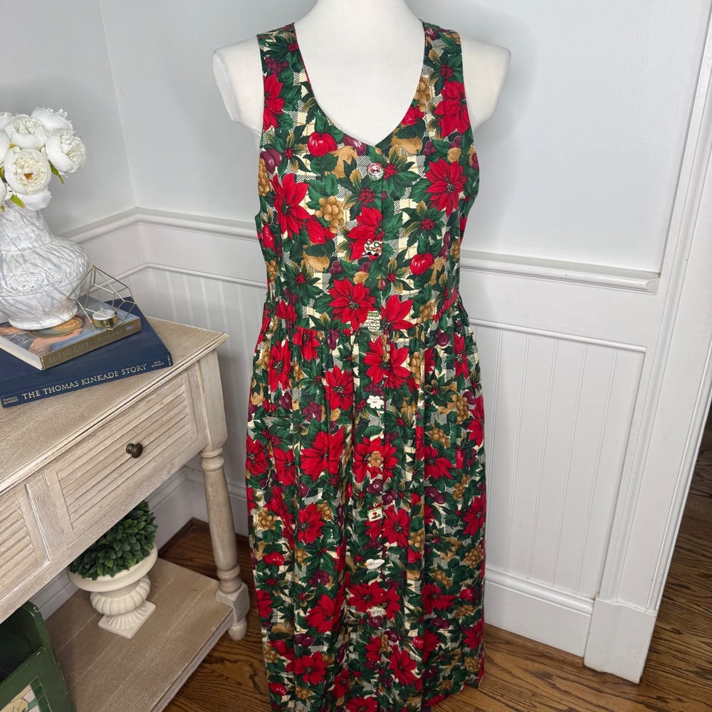 Vintage Christmas Poinsettia Maxi Dress Novelty Buttons Red Green Sleeveless